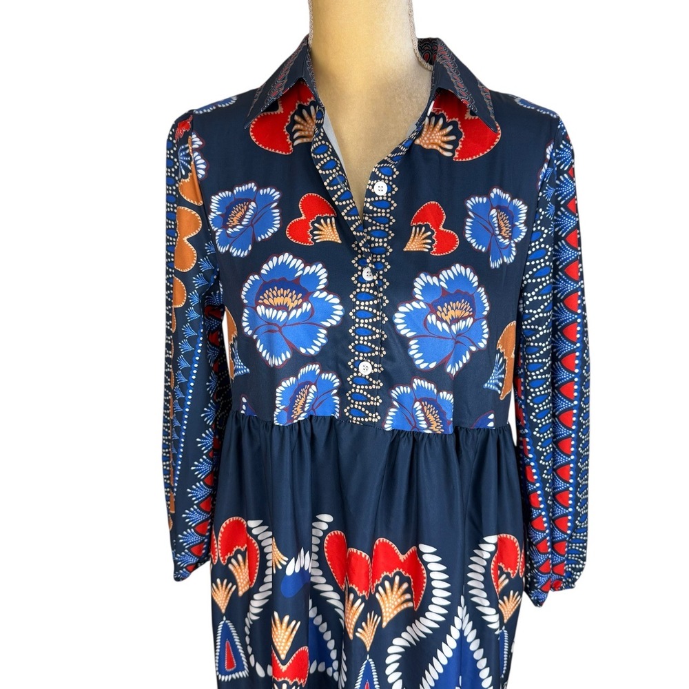 Sunday Up Dress Womens Size Medium Blue Red Bohemian Maxi Tiered Floral Collar - Picture 4 of 10